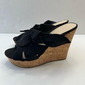 Marc Fisher Women's Hobby Sandal Sz 9 Cork Wedge Platform Suede Black Slide Knot
